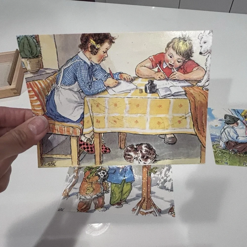 Vtg Czech Wood Block Puzzle 12 Cubes 6 Puzzles Artist Marie Fischerova Kvachova